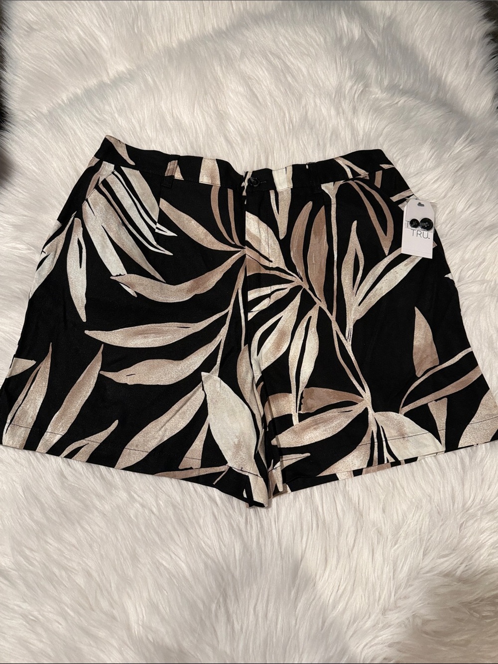 Time and Tru Black Shorts with Beige Leaf Print